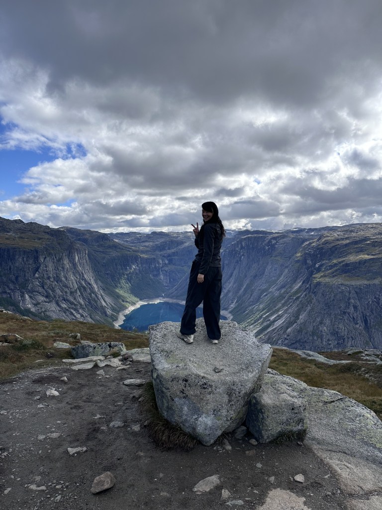 A person standing on a large rock overlooking a scenic valley and lake, under a partly cloudy sky.