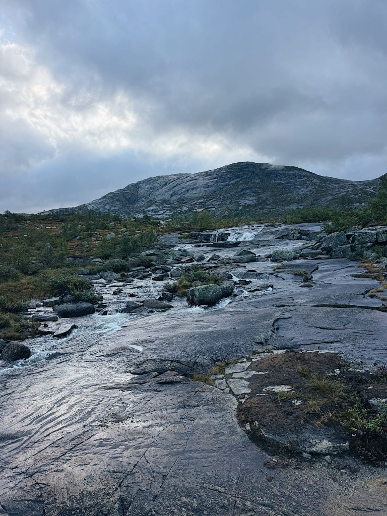 A rocky landscape with a river flowing over stones, surrounded by green vegetation and hills under a cloudy sky.